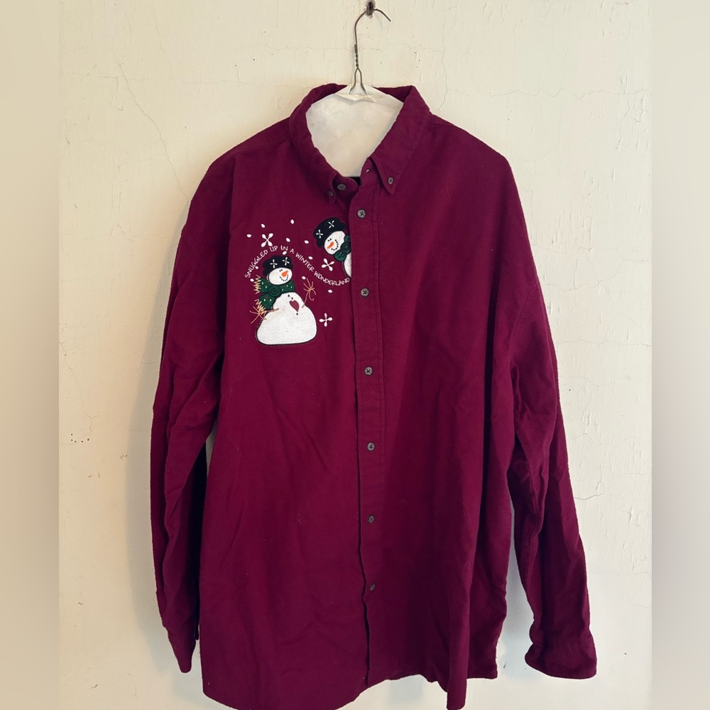 Lighthouse Apparel long sleeve button down collared burgundy shirt with snowmen